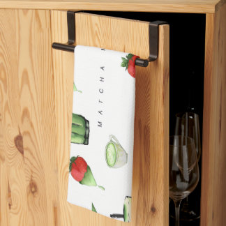 Cute Aesthetic Matcha and Fruit Pattern Tea Towel