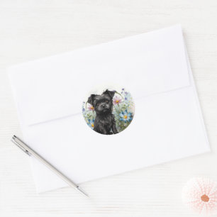 Cute Affenpinscher Dog in a Field of Wildflowers Classic Round Sticker