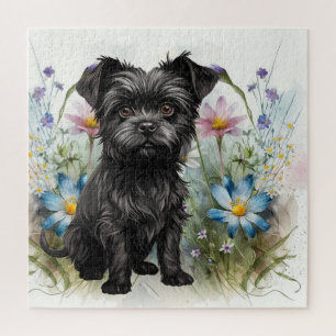 Cute Affenpinscher Dog in a Field of Wildflowers Jigsaw Puzzle