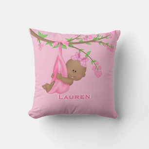 Cute African American Baby Girl Pink Personalised Cushion