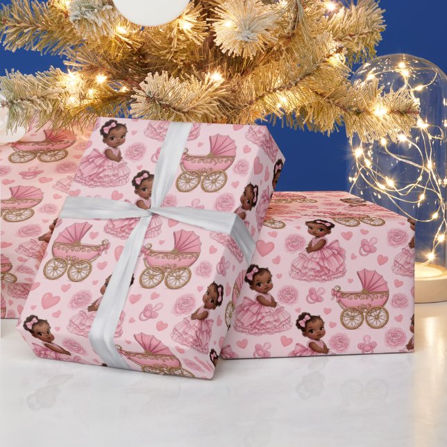 Cute African American Baby Girl Pink Wrapping Paper (Holidays)