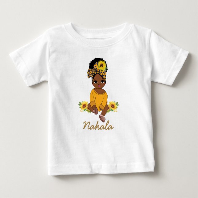 Cute African American Baby Girl Sunflower Floral   Baby T-Shirt (Front)