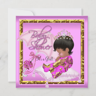 Cute African American Baby Shower Pink Gold Invitation