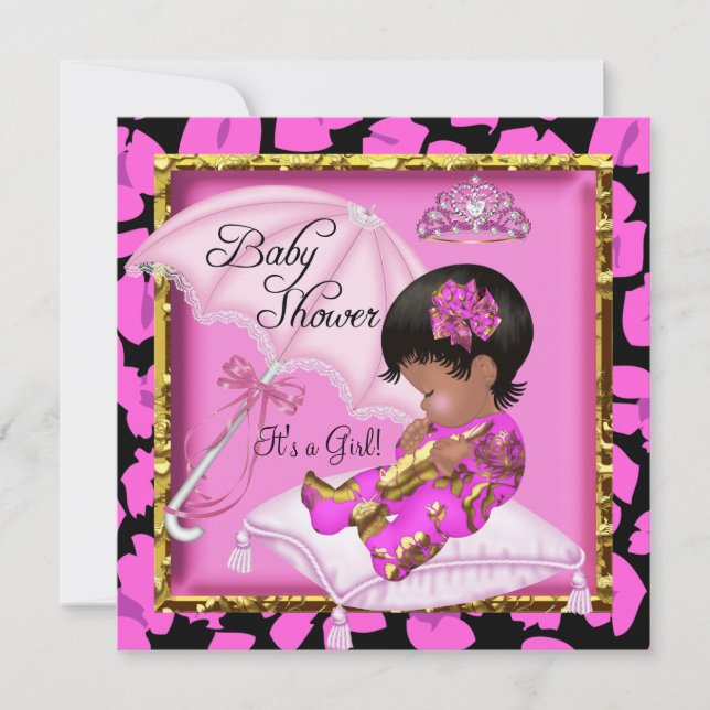 Cute African American Baby Shower Pink Leopard Invitation (Front)