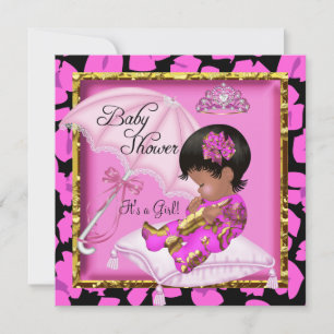 Cute African American Baby Shower Pink Leopard Invitation