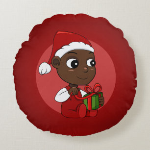 Cute African American baby with a Christmas hat Round Cushion