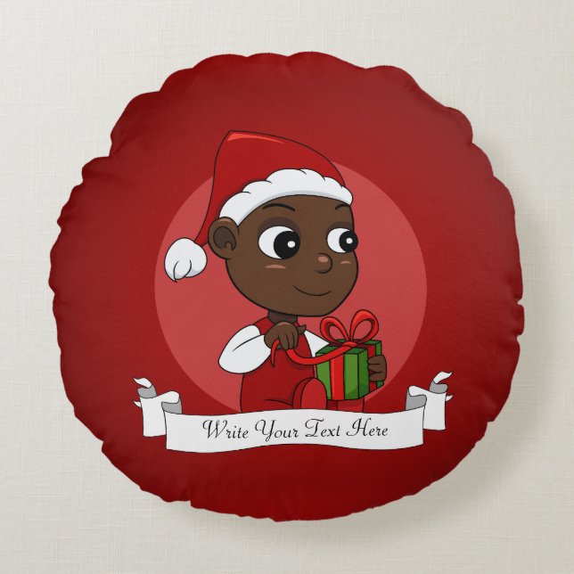 Cute African American baby with a Christmas hat Round Cushion (Front)