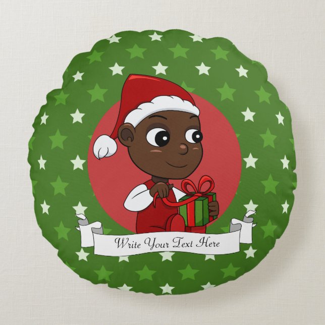 Cute African American baby with a Christmas hat Round Cushion (Front)