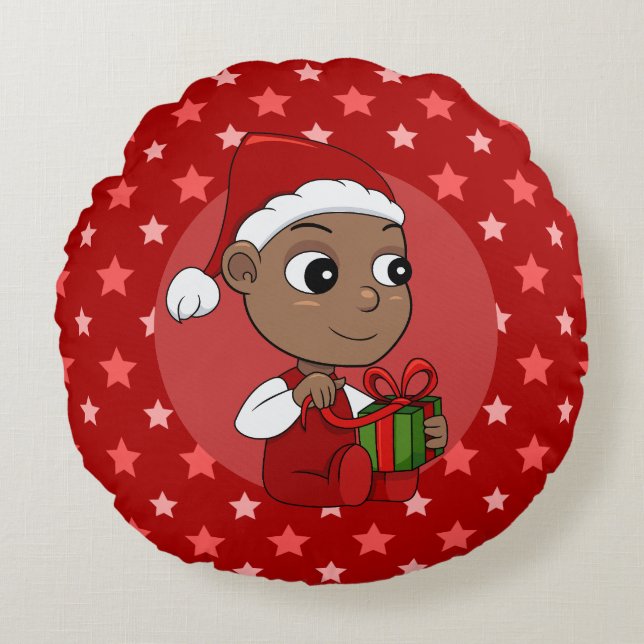 Cute African American baby with a Santa hat Round Cushion (Front)