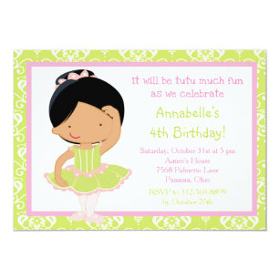 Cute African American Ballerina and Green Damask Invitation