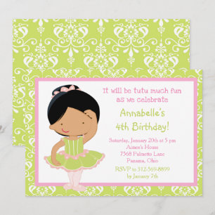 Cute African American Ballerina and Green Damask Invitation