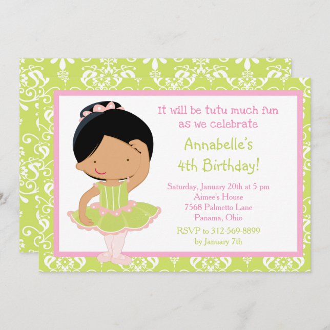 Cute African American Ballerina and Green Damask Invitation (Front/Back)