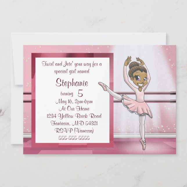 Cute African American Ballerina Birthday Invitation (Front)
