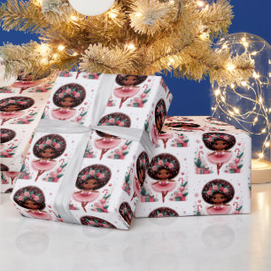 Cute African American Ballerina Pink Christmas Wrapping Paper