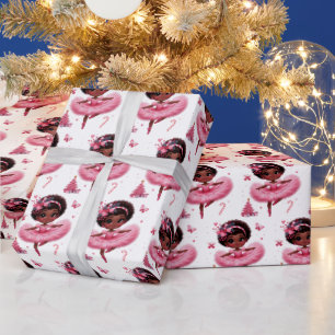 Cute African American Ballerina Pink Christmas Wrapping Paper