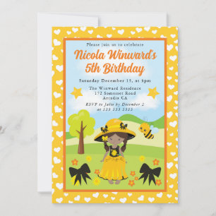 Cute African American Bee Girl Kids Birthday Invitation