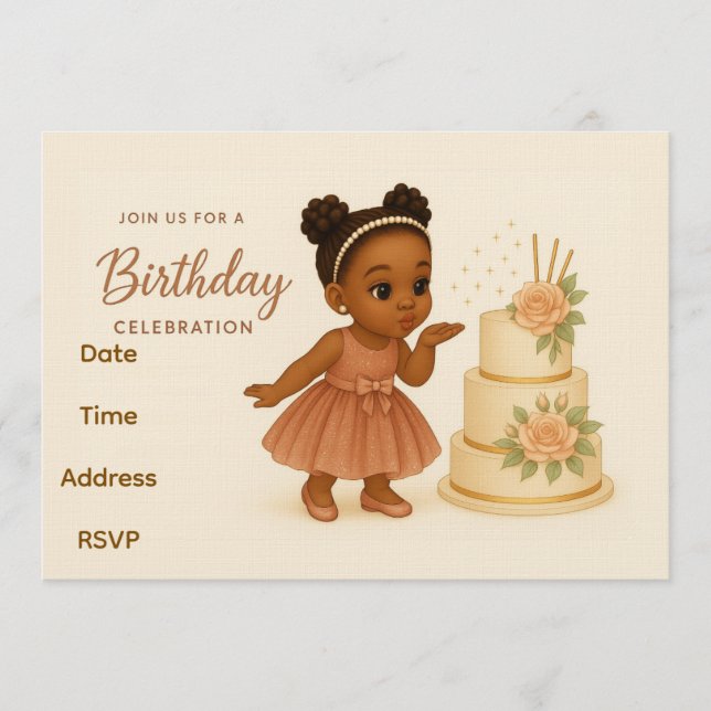 Cute African-American Chibi Girl Birthday Invite (Front)