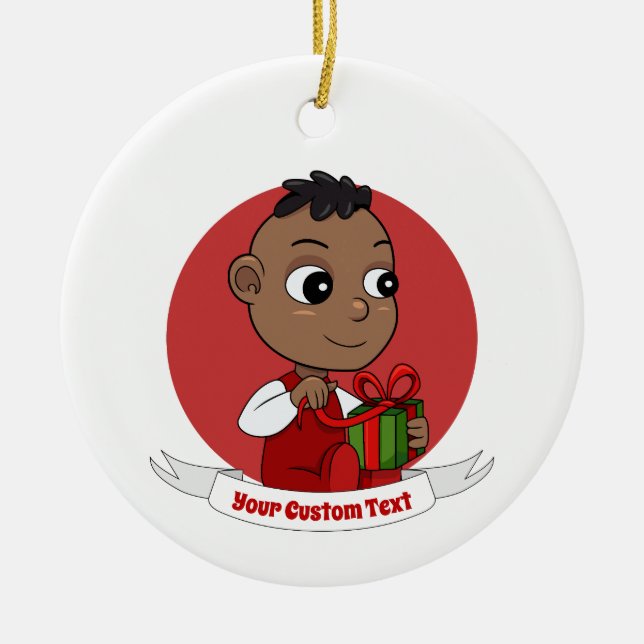 Cute African American Christmas baby cartoon Ceramic Ornament (Front)