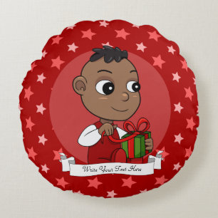 Cute African American Christmas baby cartoon Round Cushion