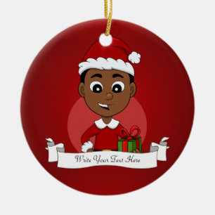 Cute African American Christmas boy cartoon Ceramic Ornament