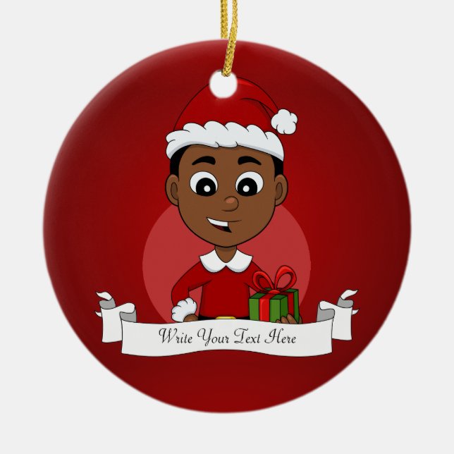 Cute African American Christmas boy cartoon Ceramic Ornament (Front)