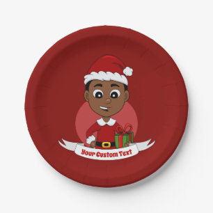 Cute African American Christmas boy cartoon Paper Plate