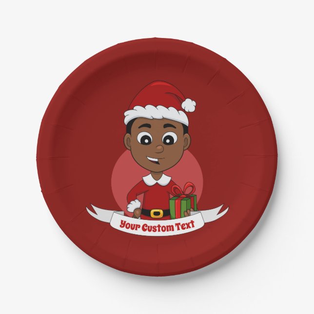 Cute African American Christmas boy cartoon Paper Plate (Front)