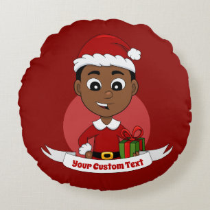 Cute African American Christmas boy cartoon Round Cushion