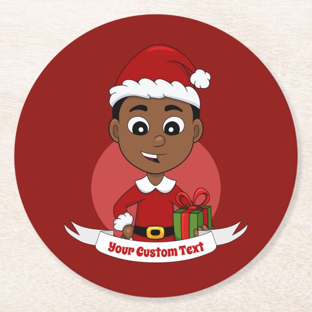Cute African American Christmas boy cartoon Round Paper Coaster (Front)