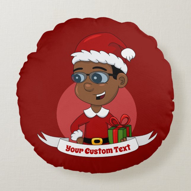 Cute African American Christmas boy with glasses Round Cushion (Front)