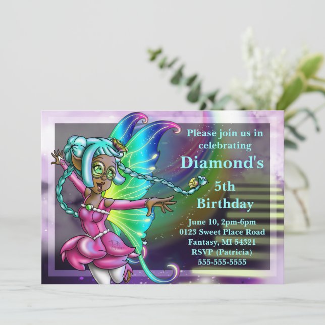 Cute African American Fairy Birthday Party Invitation (Standing Front)