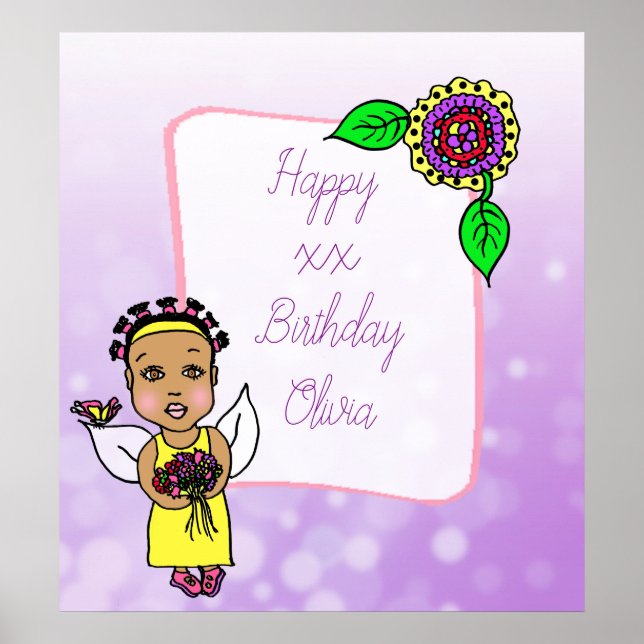 Cute African-American Fairy Girl Happy Birthday Poster (Front)