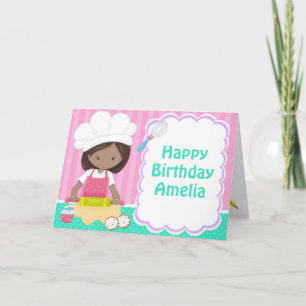 Cute African American Girl Baking Birthday Party Card