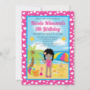 Cute African American Girl Beach Kids Birthday Invitation