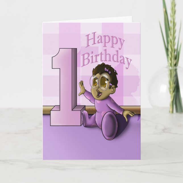 Cute African American Girl First Birthday Card (Front)