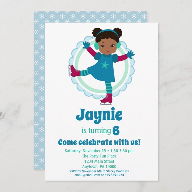 Cute African American Ice Skating Birthday Party Invitation (Front/Back)