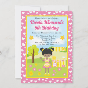 Cute African American Lemonade Girl Kids Birthday Invitation