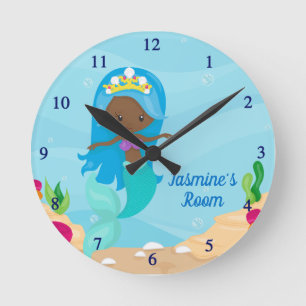 Cute African American Mermaid Beach Girl Custom Round Clock
