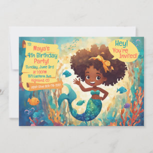 Cute African American Mermaid Birthday Invitation