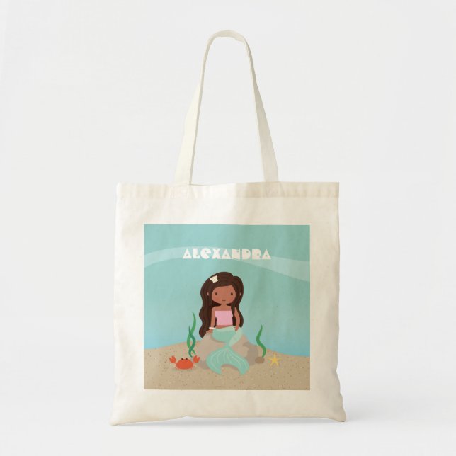 Cute African American Mermaid Girl Tote Bag (Front)