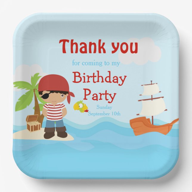 Cute African American Pirate Boy in Red Birthday Paper Plate (Front)