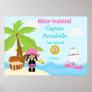 Cute African American Pirate Girl Birthday Poster