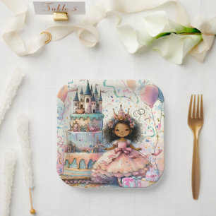 Cute African American Princess Pink Castle Cake Paper Plate