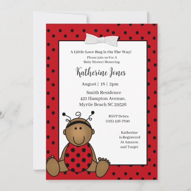 Cute African American Red Ladybug Baby Shower Invitation (Front)