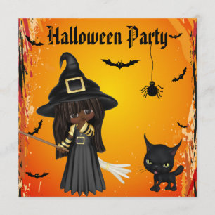 Cute African American Witch & Cat Halloween Party Invitation