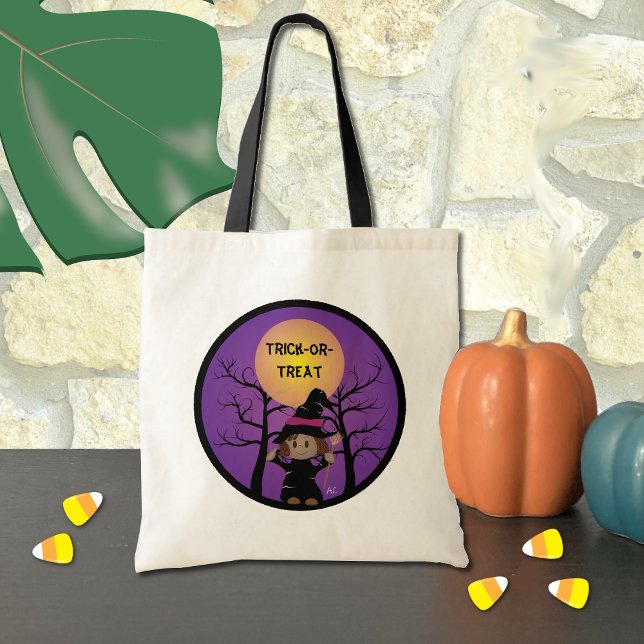 Cute African American Witch Trick-or-Treat Bag (Cute Halloween witch trick-or-treat bag .)