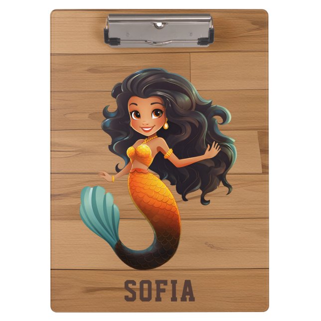 Cute African Mermaid Girl - Custom Name Afro Kids Clipboard (Front)