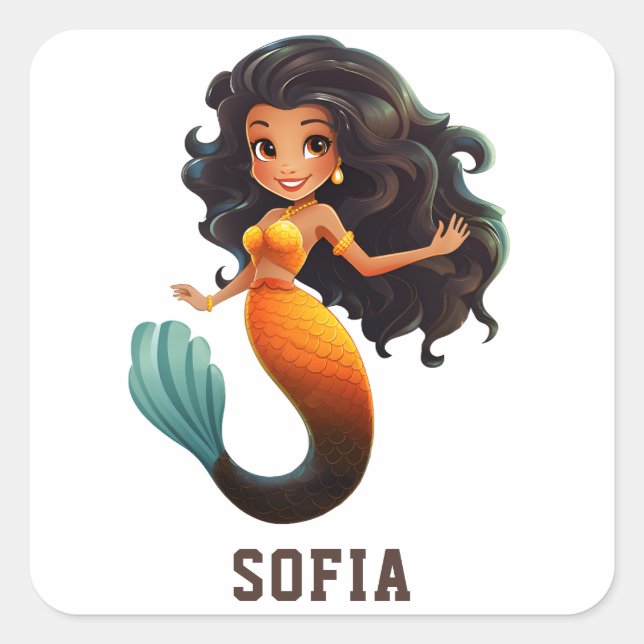 Cute African Mermaid Girl - Custom Name Afro Kids Square Sticker (Front)