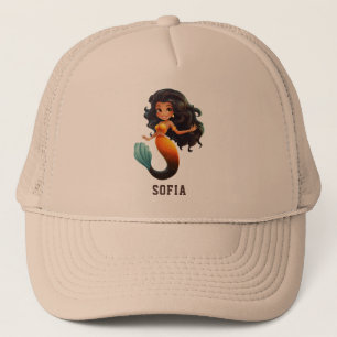 Cute African Mermaid Girl - Custom Name Afro Kids Trucker Hat