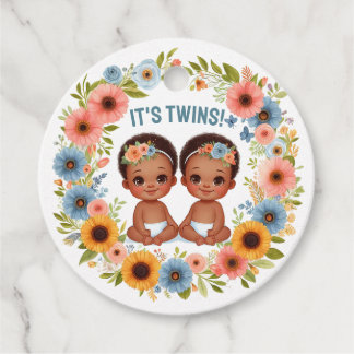 Cute African Twin Boys Baby Shower Watercolor Favour Tags